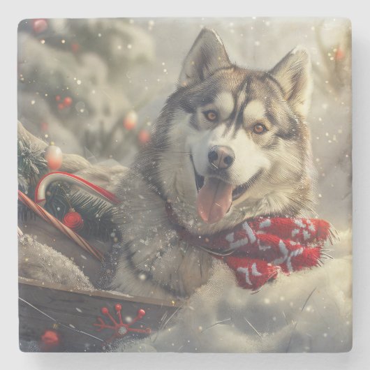 Dessous-de-verre En Pierre Sibérie Husky Chien Festif de Noël (Devant)