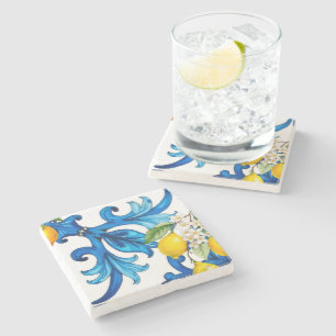 Dessous-de-verre En Pierre sicilien, été, citron, mosaïque, bleu