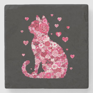 Dessous-de-verre En Pierre Silhouette Chat Floral ArtFaux Toile Enveloppée Im
