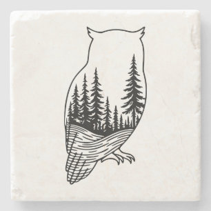 Dessous-de-verre En Pierre Silhouette de hibou avec scène forestière