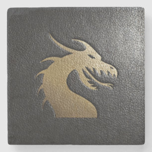 Dessous-de-verre En Pierre Silhouette d'or de dragon sur le cuir noir