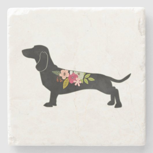 Dessous-de-verre En Pierre Silhouette florale de Dachshund (Devant)