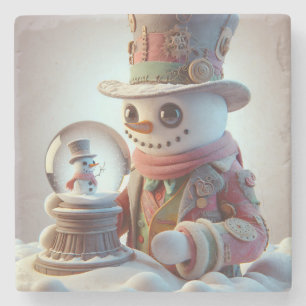 Dessous-de-verre En Pierre Snowman avec Snow Globe, Noël, Auteur Natasha