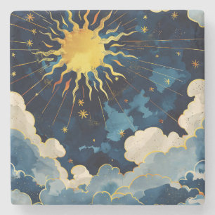 Dessous-de-verre En Pierre Soleil céleste moderne, étoiles et nuages bleus