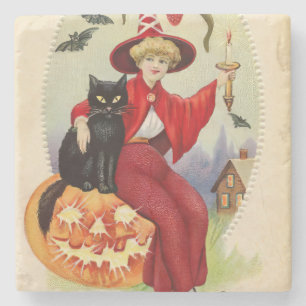 Dessous-de-verre En Pierre Sorcière d'Halloween vintage et chat noir