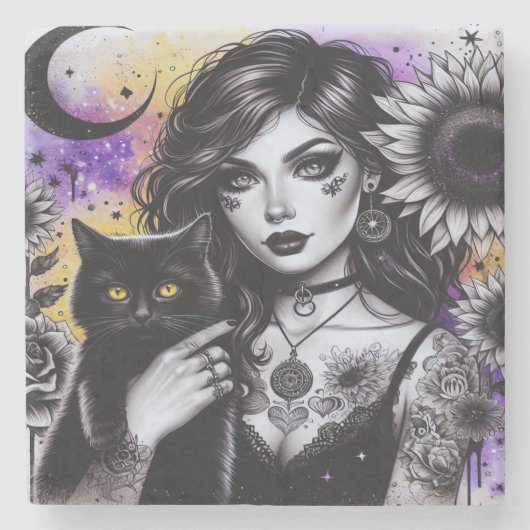 Dessous-de-verre En Pierre Sorcière gothique céleste et chat noir (Devant)