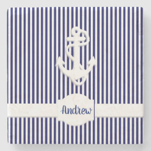 Dessous-de-verre En Pierre Stripes et Ancre Monogramme ou nom personnalisé