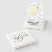 Dessous-de-verre En Pierre Stylé Monogramme Initiales Nom Script Noir Gris (Côté)
