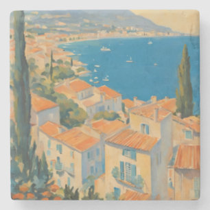 Dessous-de-verre En Pierre Style vintage Côte d'Azur Aquarelle Voyage Françai