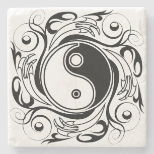 Dessous-de-verre En Pierre Symbole Yin & Yang Tatouage Noir et Blanc