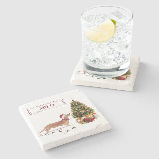 Dessous-de-verre En Pierre Tan Dachshund Funny Chien de Noël avec arbre (Côté)