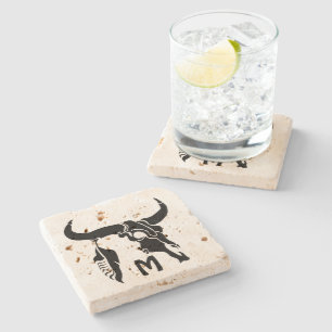 Dessous-de-verre En Pierre Taureau de Longhorn de la tribu avec la plume noir