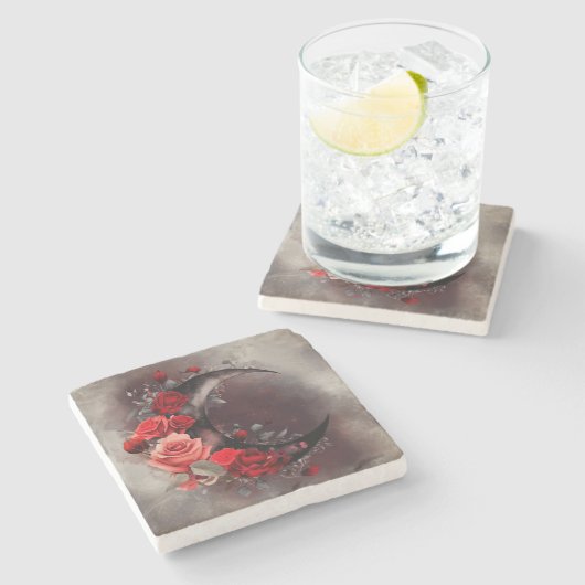 Dessous-de-verre En Pierre Técherie | Lune de croissant avec des roses rouges (Côté)