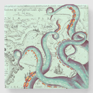 Dessous-de-verre En Pierre Tentacles turquoises Sur Carte Vintage Turquoise