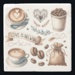 Dessous-de-verre En Pierre Thème des amateurs de café en latte illustrée<br><div class="desc">Dégustez les amateurs de café dans votre vie avec ces charmants dessous de verre Love is Brewing, parfait pour les cadeaux amoureux de café ou les faveurs de la douche nuptiale. Dotés d'une illustration en latte magnifiquement conçue, de tasses à café, de coeurs et de grains de café dans une...</div>