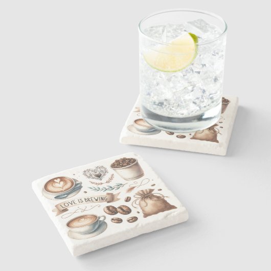 Dessous-de-verre En Pierre Thème des Amoureux du Café, Latte Illustré (Côté)