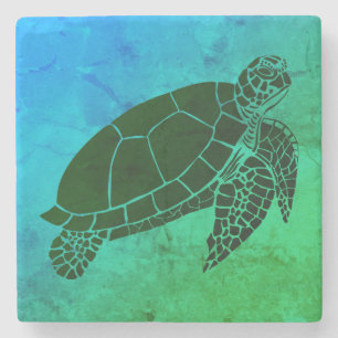 Dessous-de-verre En Pierre Tortue de mer sur Arrière - plan bleu et vert