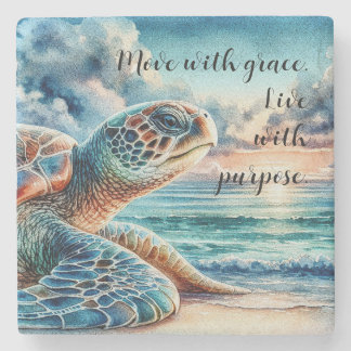 Dessous-de-verre En Pierre Tortue de mer verte à l'aquarelle - Plage de sable