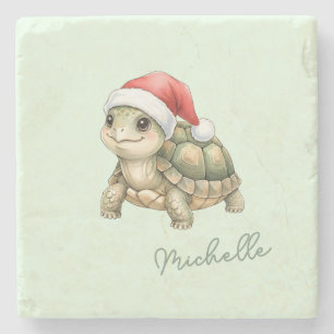 Dessous-de-verre En Pierre Tortue de Noël à l'aquarelle Chapeau de Père Noël
