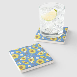 Dessous-de-verre En Pierre Tournesol jaune fond bleu fleur floral