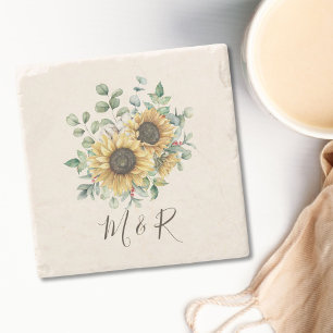 Dessous-de-verre En Pierre Tournesol rustique vintage aquarelle monogrammé