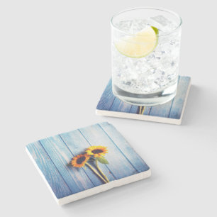 Dessous-de-verre En Pierre Tournesol sur Mur en Bois Bleu