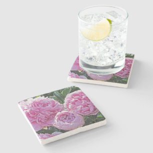 DESSOUS-DE-VERRE EN PIERRE "TROIS PEONIES ROSES" DESSOUS DE VERRE EN PIERRE