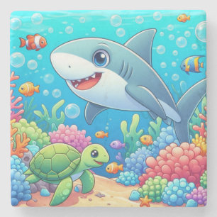 Dessous-de-verre En Pierre Tropical/Hawaii requin et tortue sous l'eau coloré