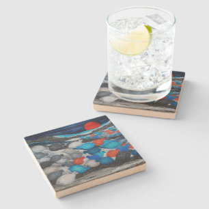 Dessous-de-verre En Pierre Troupeau d'oiseaux colorés sous la lune rouge Art
