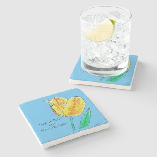 Dessous-de-verre En Pierre Tulipe jaune reflets rouges  (Côté)