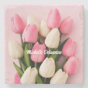 Dessous-de-verre En Pierre Tulipes nom personnalisé sur rose