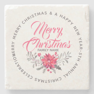 Dessous-de-verre En Pierre Typographie de script Joyeux Noël Bouquet floral