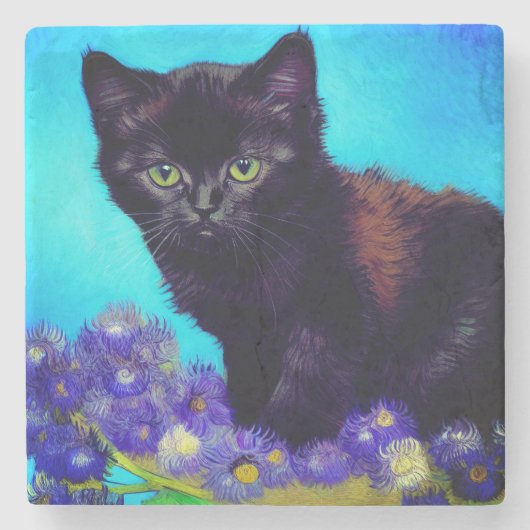 Dessous-de-verre En Pierre Van Gogh Chat et fleurs (Devant)