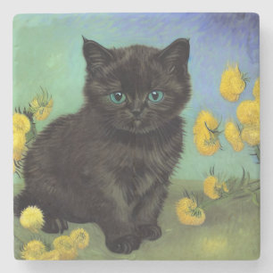 Dessous-de-verre En Pierre Van Gogh Chat noir Fleurs jaunes