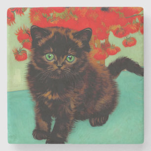 Dessous-de-verre En Pierre Van Gogh Chat noir Fleurs rouges