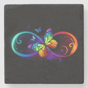 Dessous-de-verre En Pierre Vibrant infinity with rainbow butterfly on black