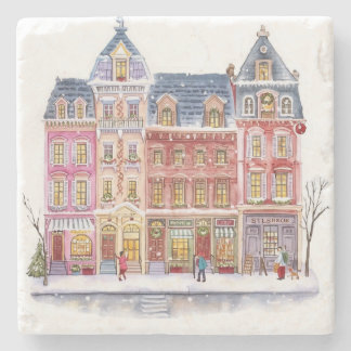 Dessous-de-verre En Pierre Village de Noël hivernal à l'aquarelle