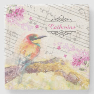 Dessous-de-verre En Pierre Vintage oiseau sur les fleurs roses de l'arbre déc