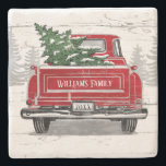 Dessous-de-verre En Pierre Vintage Red Truck Christmas Tree Nom de famille<br><div class="desc">Ajoutez une touche rustique à votre décor de vacances avec ces dessous de verre en pierre personnalisés. L'aménagement comprend un camion rouge vintage avec un sapin de Noël à l'arrière sur un arrière - plan de bois patiné blanc avec des pins. Customisez votre nom et l'année à l'arrière du camion....</div>