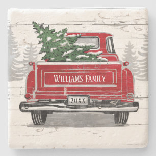 Dessous-de-verre En Pierre Vintage Red Truck Christmas Tree Nom de famille
