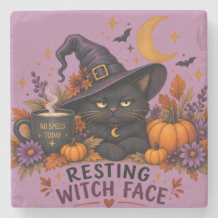 Dessous-de-verre En Pierre Visage de Sorcière au Repos Chat Noir Halloween