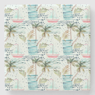 Dessous-de-verre En Pierre Voilier d'aquarelle avec le motif de palmier