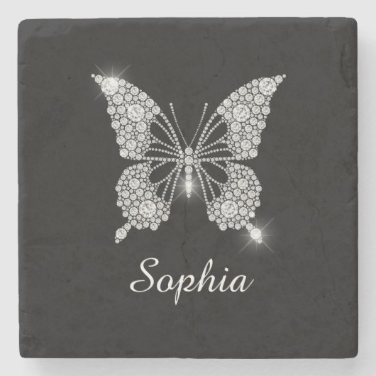 Dessous-de-verre En Pierre White Diamond Butterfly, DIY Script Nom, Black (Devant)