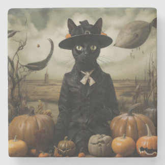 Dessous-de-verre En Pierre Witch Cat with Pumpkins 