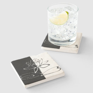 Dessous-de-verre En Pierre Yin Yang Fleur de Lotus Noir et Blanc