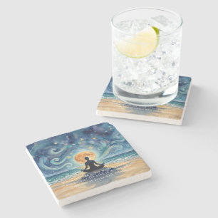 Dessous-de-verre En Pierre Yoga Méditation Ciel Nocturne Étoilé Lune Plage Oc