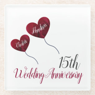 Dessous-de-verre En Verre 15e anniversaire du mariage ballons de coeur rouge
