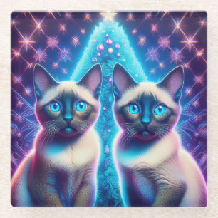 Dessous-de-verre En Verre 2 Chatons Siamois Posant Dans L'Arbre De Noël