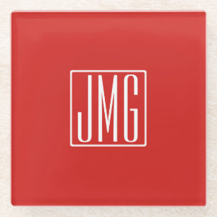 Dessous-de-verre En Verre 3 Initiales Monogramme Rouge & Blanc (ou couleur