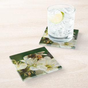 Dessous-de-verre En Verre Abeille à Miel sur Fleur de Prunier Blanc Dessous